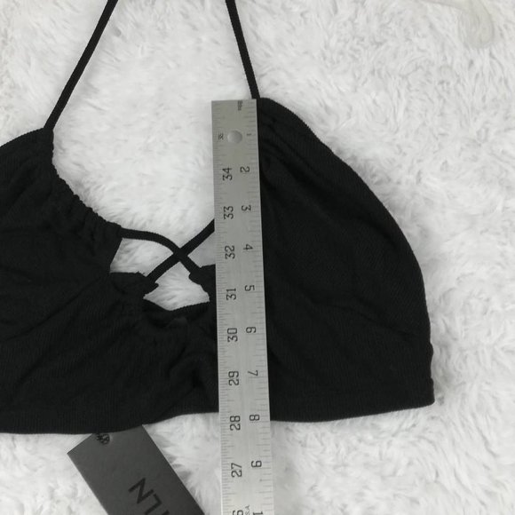 BY DYLN Womens Silo Crop Top Black Ribbed Crossover Halter Spaghetti Strap L New - Picture 6 of 9